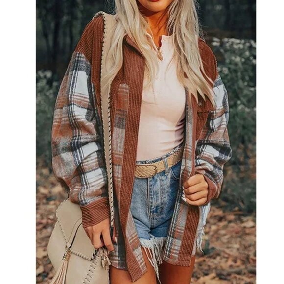 Cozy Plaid Print Corduroy Button Down Jacket Shacket - Picture 1 of 4